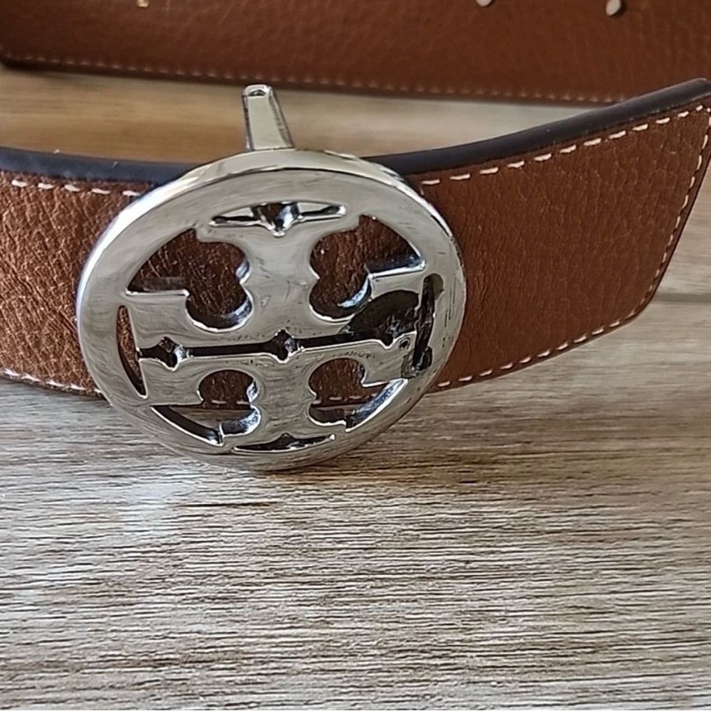 Tory Burch Tan Leather Belt Bag with Silver Logo Buckle